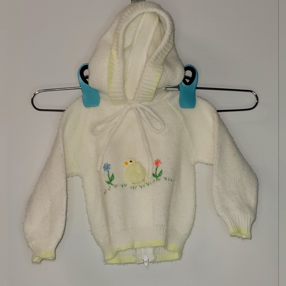 Vintage Retro 80s Welcome Home Sweater w/Hood Cream Yellow Duck w/Flowers 6/9m